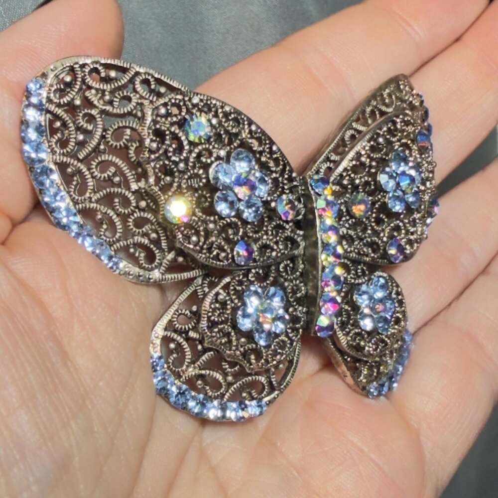 Butterfly Brooch Blue Rhinestone Filigree Crystal Pin Large Statement 3” - Picture 7 of 10